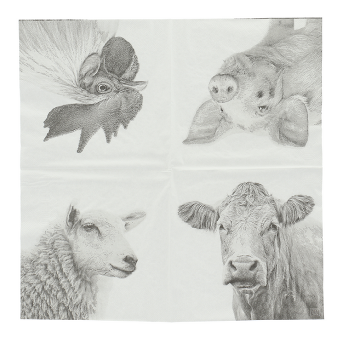 ESSCHERT DESIGN Black & White Paper Napkins Large - Farm Animals